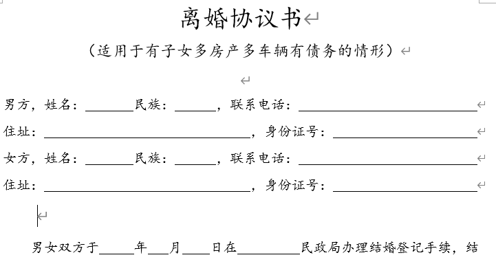 离婚协议书(适用于有子女多房产多车辆有债务的情形)